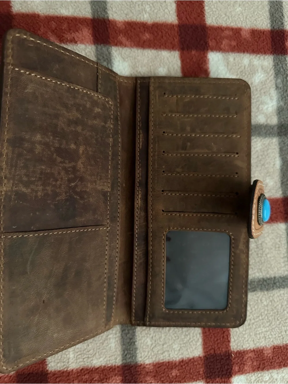 HANDMADE Tooled Leather & Hair-on Hide Wallet with Turquoise Button - Picture 2 of 2